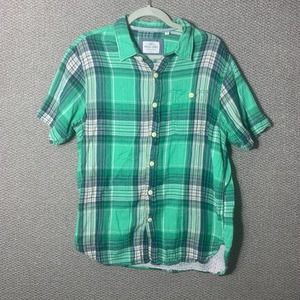 True Grit Mens Shirt Large Blue Green Plaid Button Up Short Sleeve Pocket Skater
